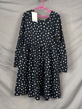 NWT Quince Girls Polka Dot Dress Size 10Y Navy Long Sleeve Classic ALine